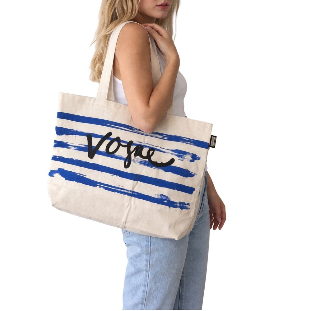 NWOT Vogue Canvas Tote Bag Blue Cream Striped Logo Print Interior Pocket